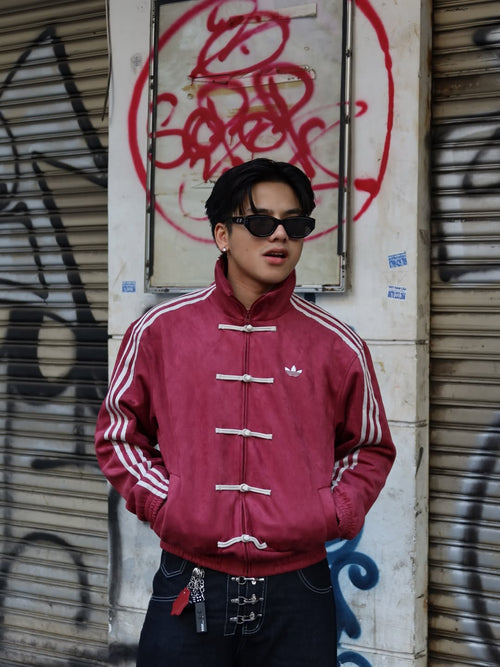 Maroon Adidas CNY Jacket – streetwear lookbook shot with frog button closure detailing