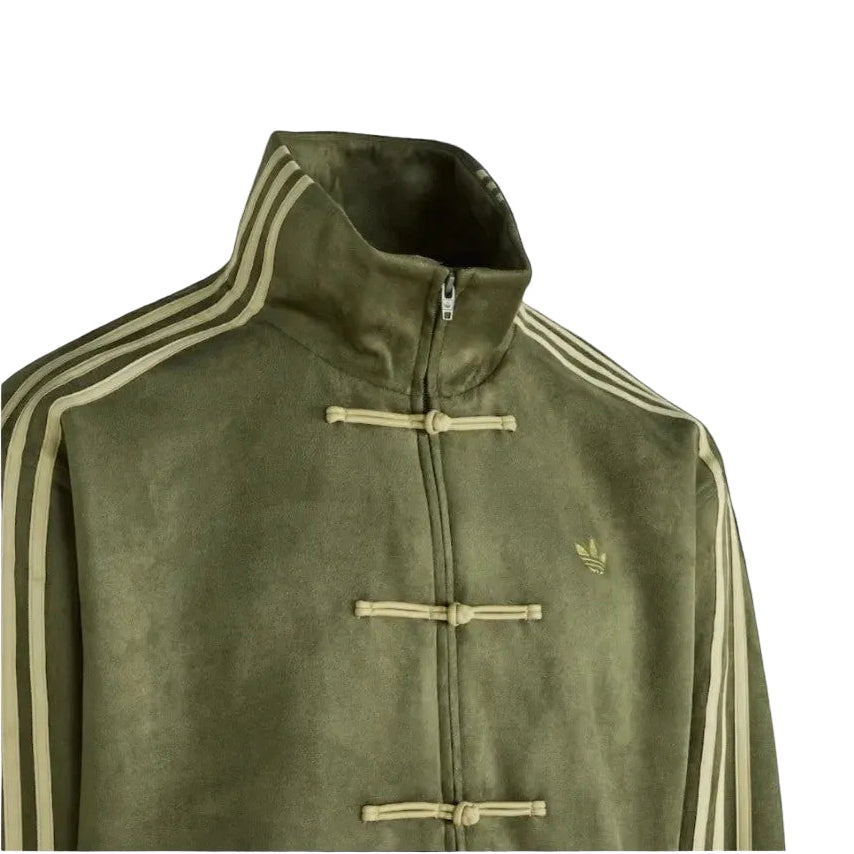 Close-up of Olive Green CNY Jacket Chinese knot button closure and premium vegan suede texture – LZRUS Olive Knot Jacket detail India