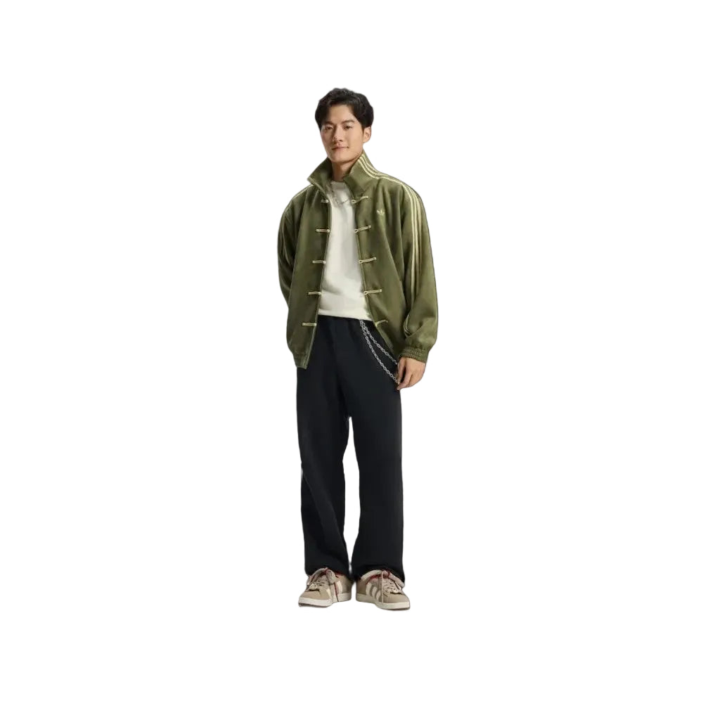 Olive Green Chinese New Year Jacket full view – LZRUS dark olive CNY Jacket with mandarin collar and oversized streetwear fit India