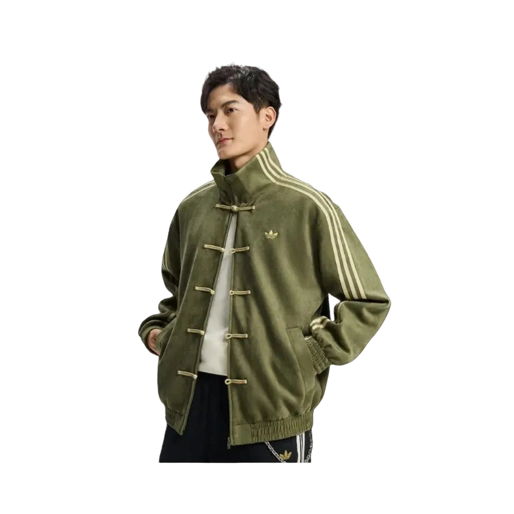 Olive Green CNY Jacket styling shot – LZRUS Olive Tang Jacket worn with streetwear fit | Green CNY Jacket India unisex look