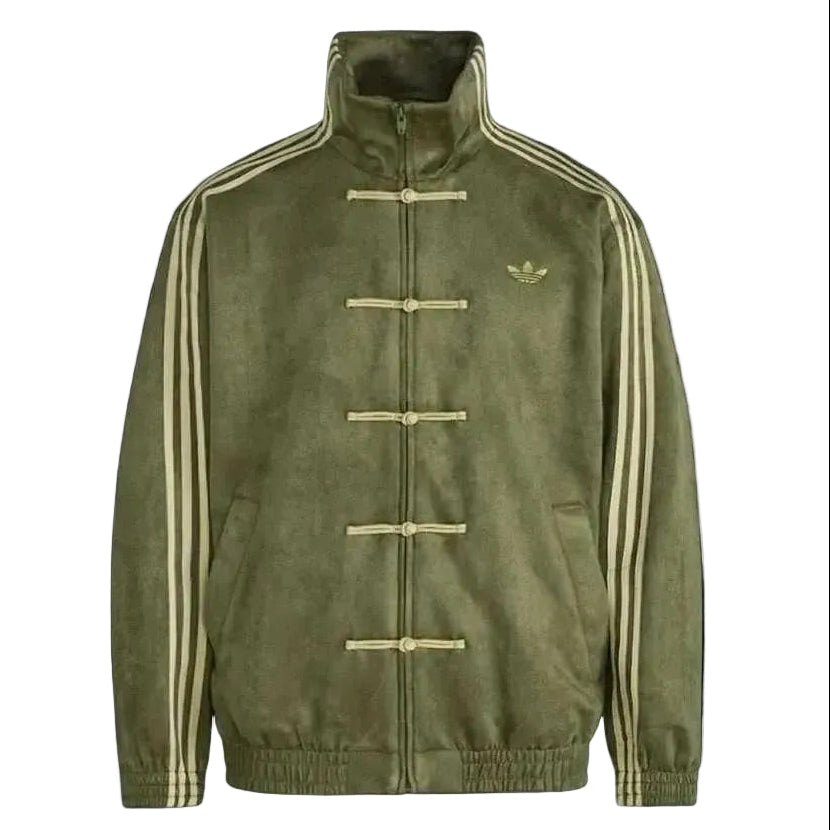 Olive Green CNY Jacket by LZRUS – front flat lay view showing 420 GSM vegan suede fabric and Chinese knot button closure | India