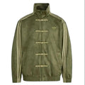Olive Green CNY Jacket by LZRUS – front flat lay view showing 420 GSM vegan suede fabric and Chinese knot button closure | India