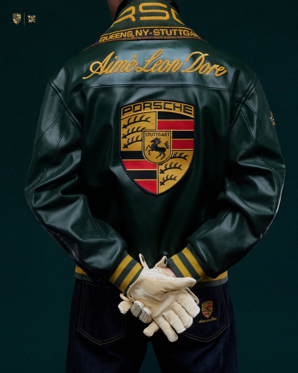 Porsche 993 leather jacket with Porsche logo and text on a dark background