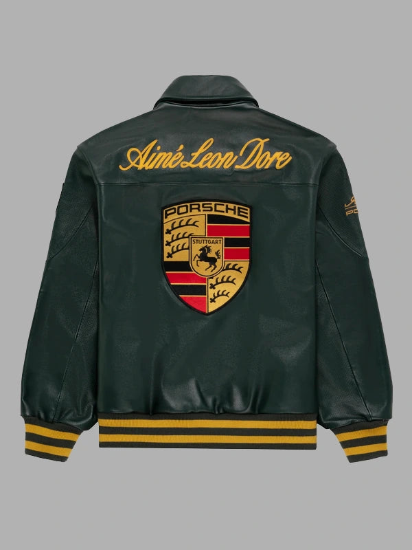 Back view of Porsche 993 leather jacket in dark green with large Porsche crest and embroidered branding
