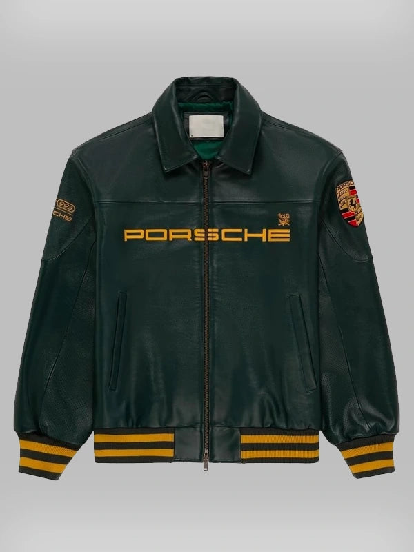 Front view of Porsche 993 racing leather jacket in green with Porsche logo and sleeve patches by LZRUS