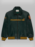 Front view of Porsche 993 racing leather jacket in green with Porsche logo and sleeve patches by LZRUS