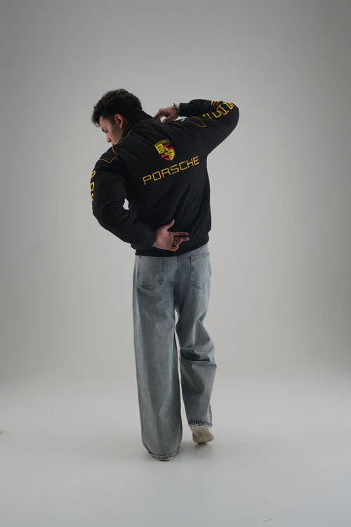 Porsche logo jacket embroidery detail – premium stitching by LZRUS