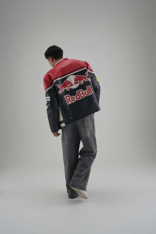 Streetwear styling of Red Bull leather vintage jacket paired with jeans for urban fashion vibe.