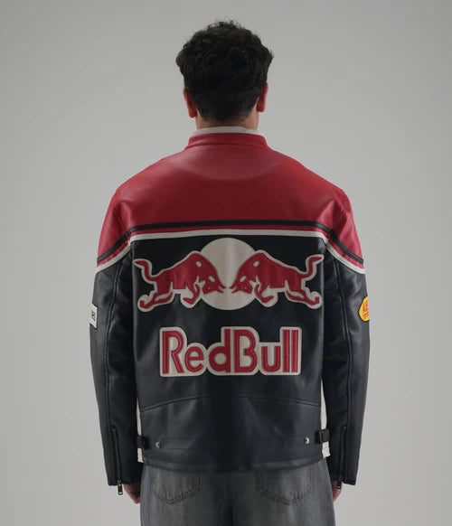 Back view of Red Bull Leather Vintage Jacket featuring racing graphics and biker style.