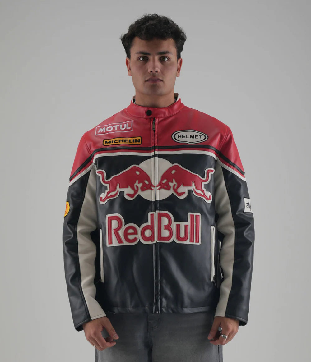 LZRUS Red Bull Leather Vintage Jacket worn by model – vintage biker streetwear jacket in India.