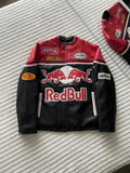 Front design of LZRUS Red Bull Leather Vintage Jacket with Red Bull logo and racing patches.