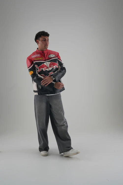 LZRUS Red Bull Leather Vintage Jacket front view with bold Red Bull logo and retro streetwear design.