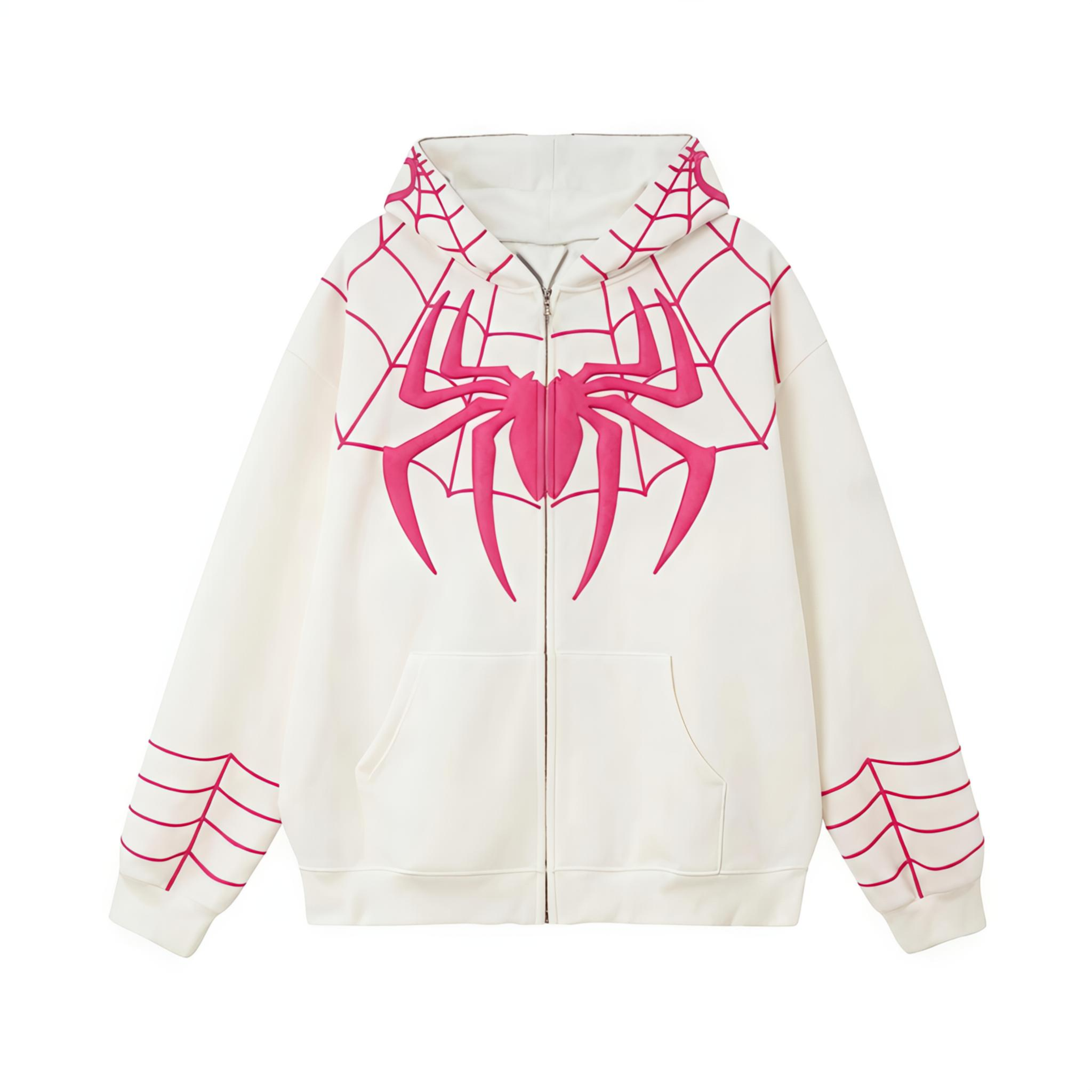 White Spiderman Zip Up Hoodie by LZRUS – flat lay front view with full zip and Marvel puff print logo India