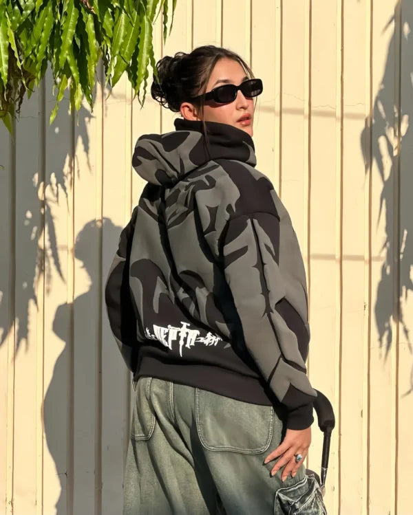 Back design of LZRUS Tribal Shadow Depth Hoodie – Puff printed tribal motif