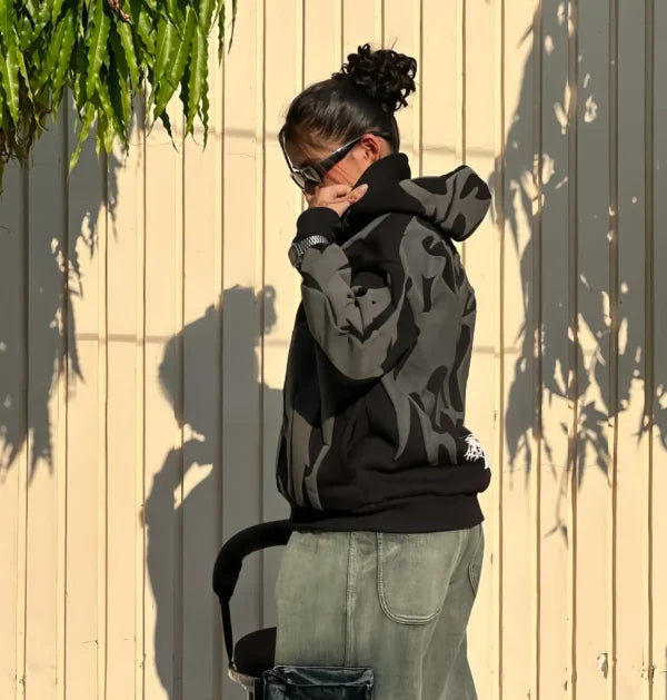 Detailed sleeve design and stitching of Tribal Shadow Depth Hoodie Women – LZRUS
