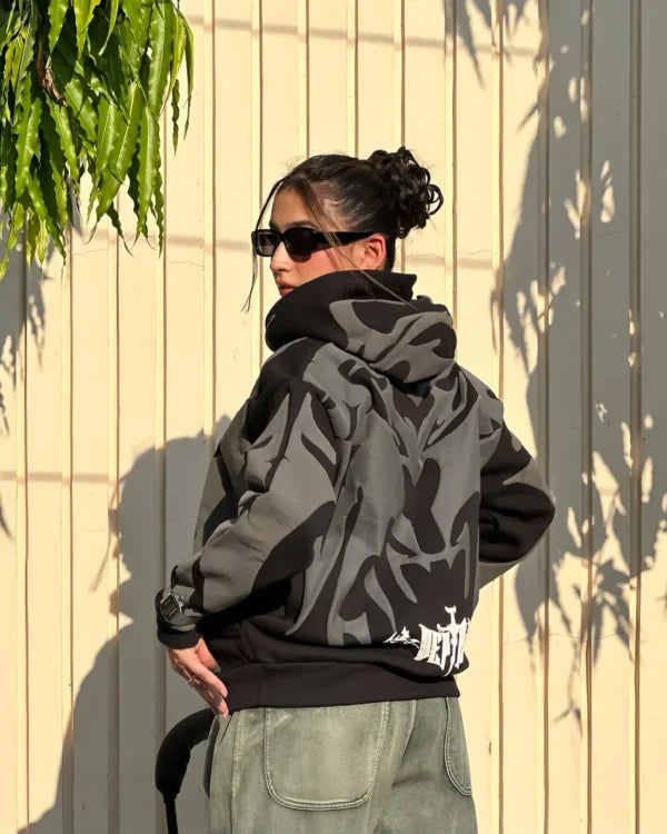 Y2K streetwear look – Oversized Tribal Shadow Depth Hoodie for Women by LZRUS