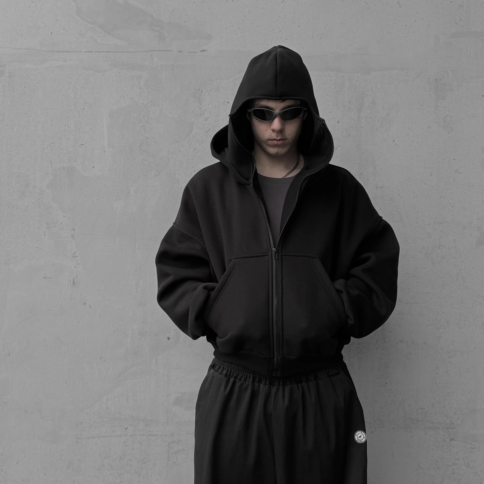 LZRUS Balaclava Hoodie front view – full zip black hoodie with built-in balaclava mask India