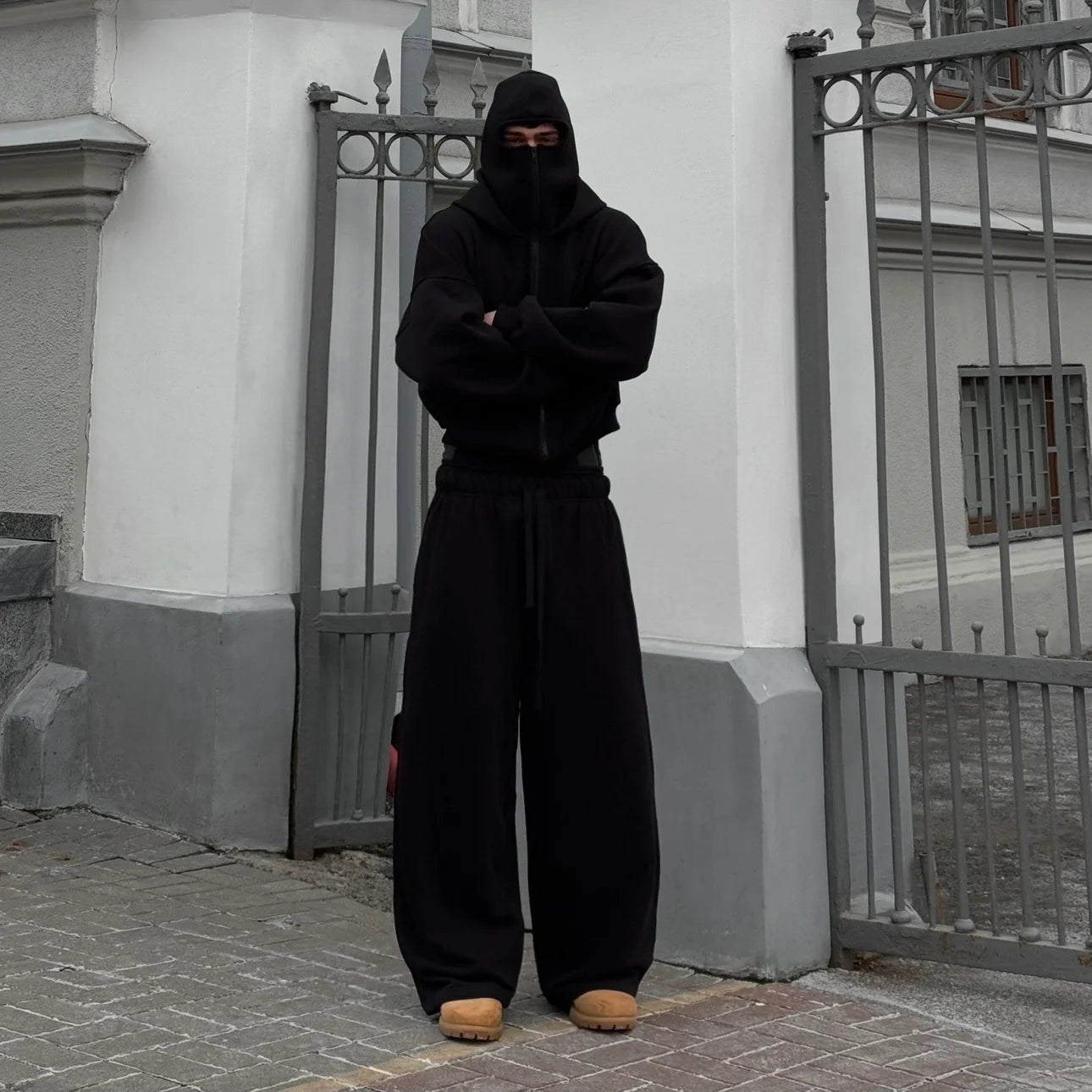 Balaclava hoodie men India – LZRUS oversized black balaclava streetwear hoodie full zip front view