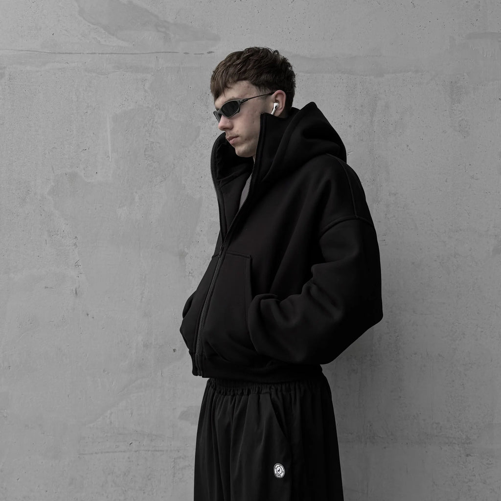 Balaclava zipper hoodie full zip close-up – LZRUS black streetwear balaclava hoodie India