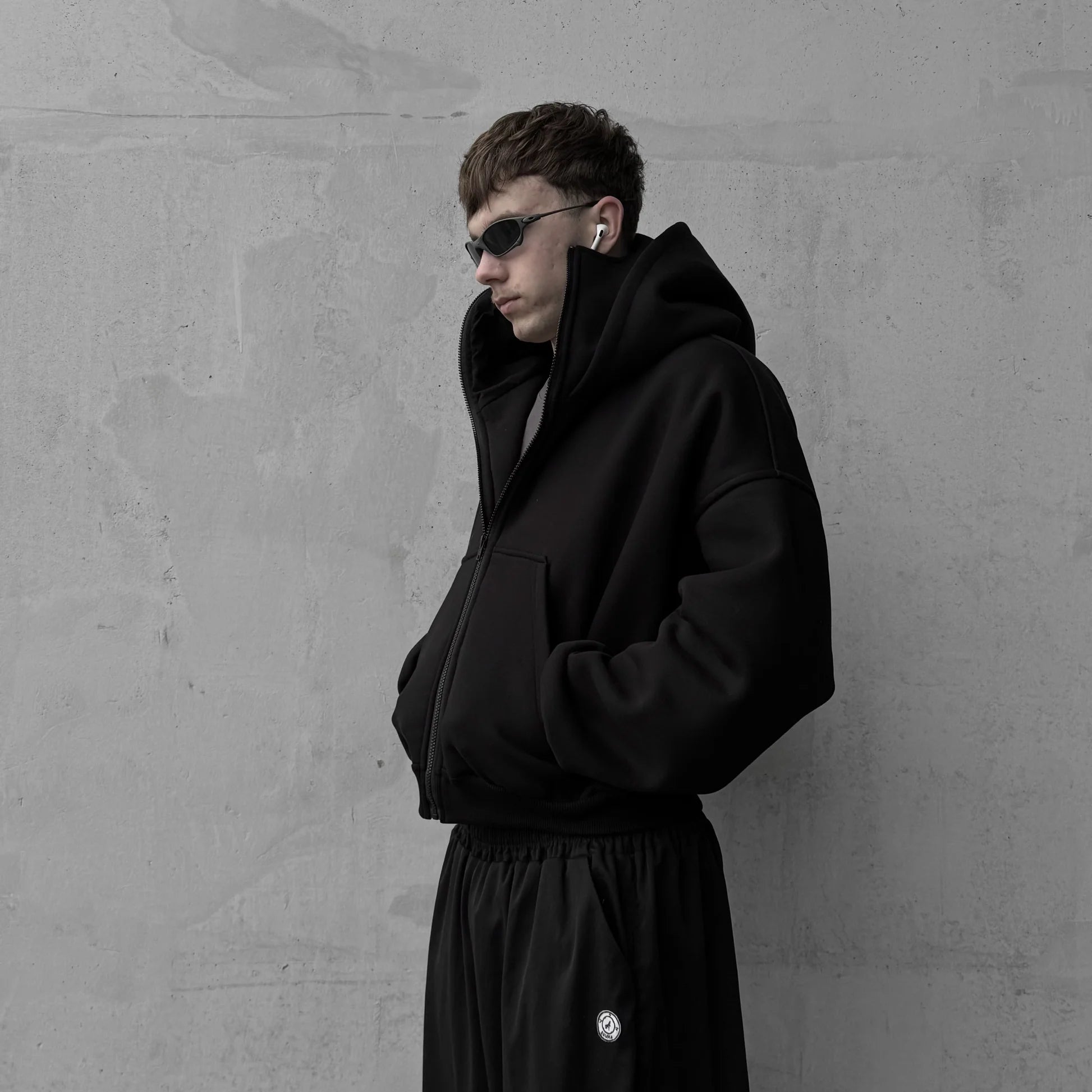 Balaclava zipper hoodie full zip close-up – LZRUS black streetwear balaclava hoodie India