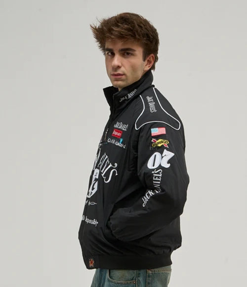 Best Jack Daniels embroidered jacket to buy in India – LZRUS racing jacket sleeve patches close-up embroidery quality detail