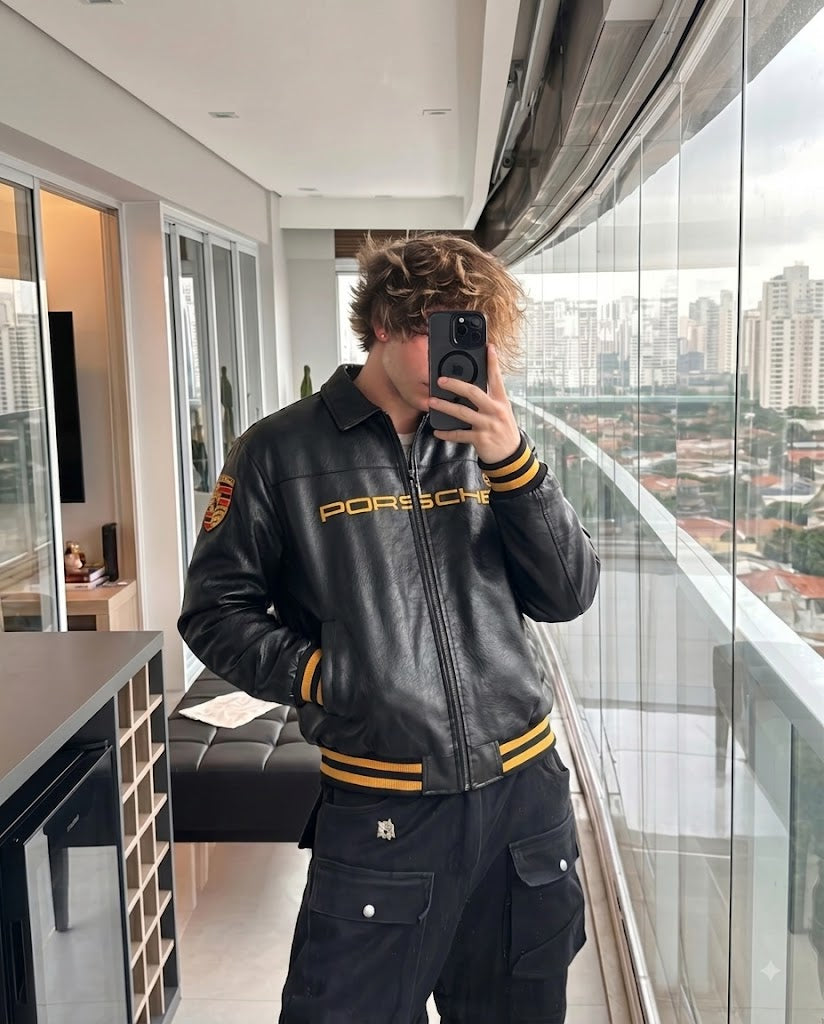 Black Porsche leather jacket streetwear outfit with cargo pants, darkwear look – LZRUS