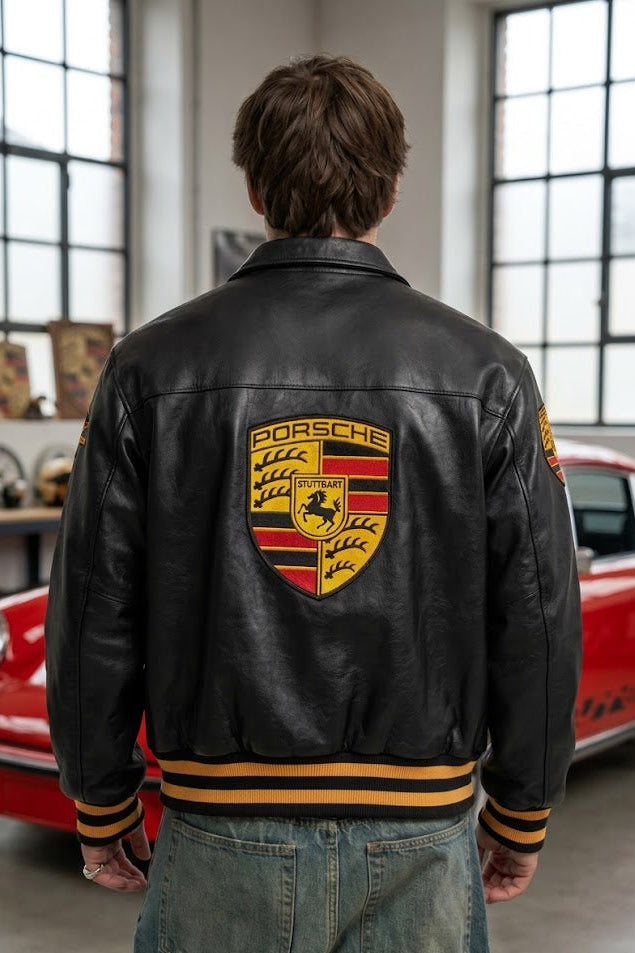 Men's black Porsche racing jacket back view with embroidered Stuttgart crest – LZRUS India