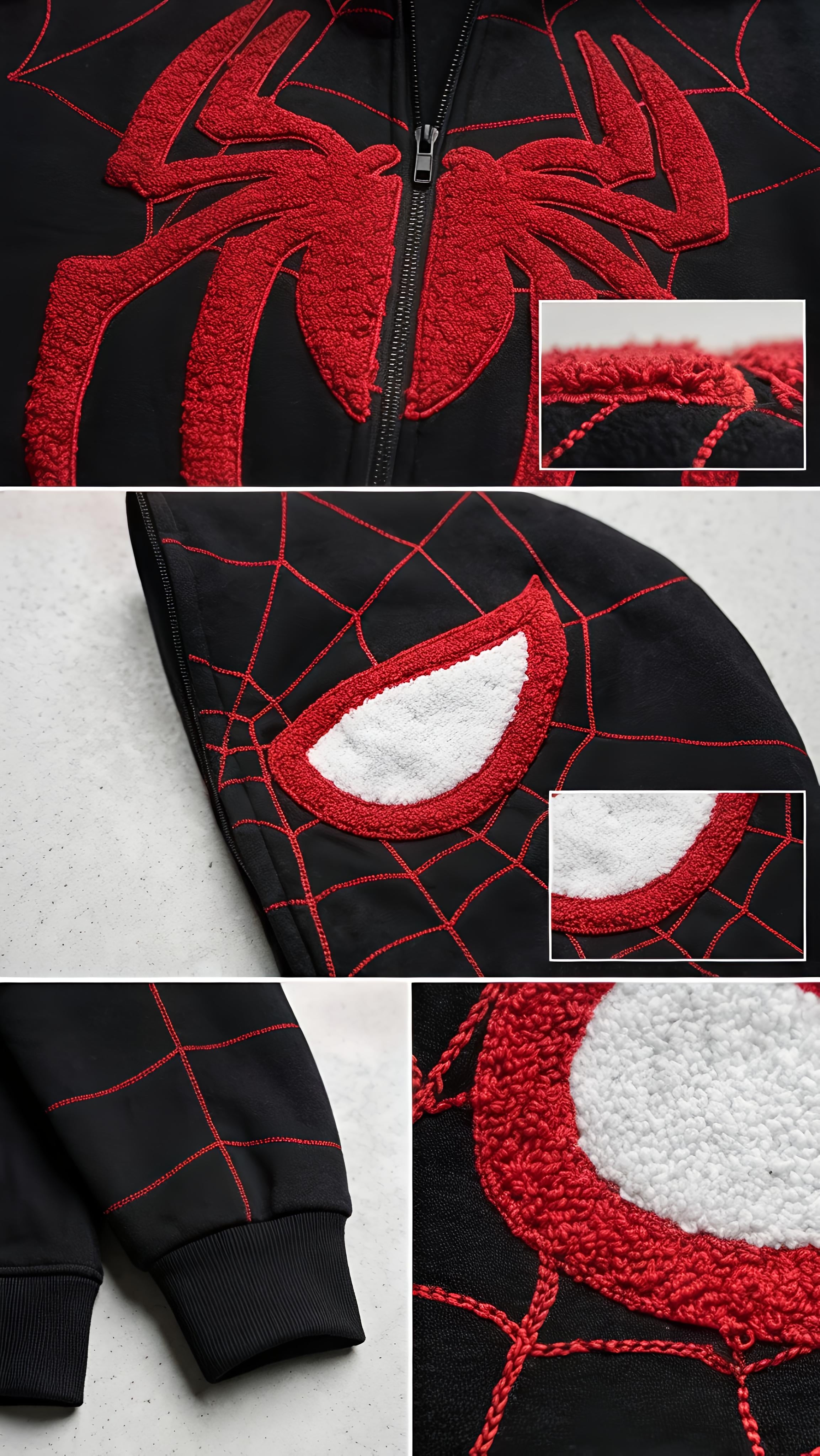 Close up of red chenille spider embroidery, hood eye applique and satin stitch web detailing on black LZRUS Spiderman embroidered hoodie