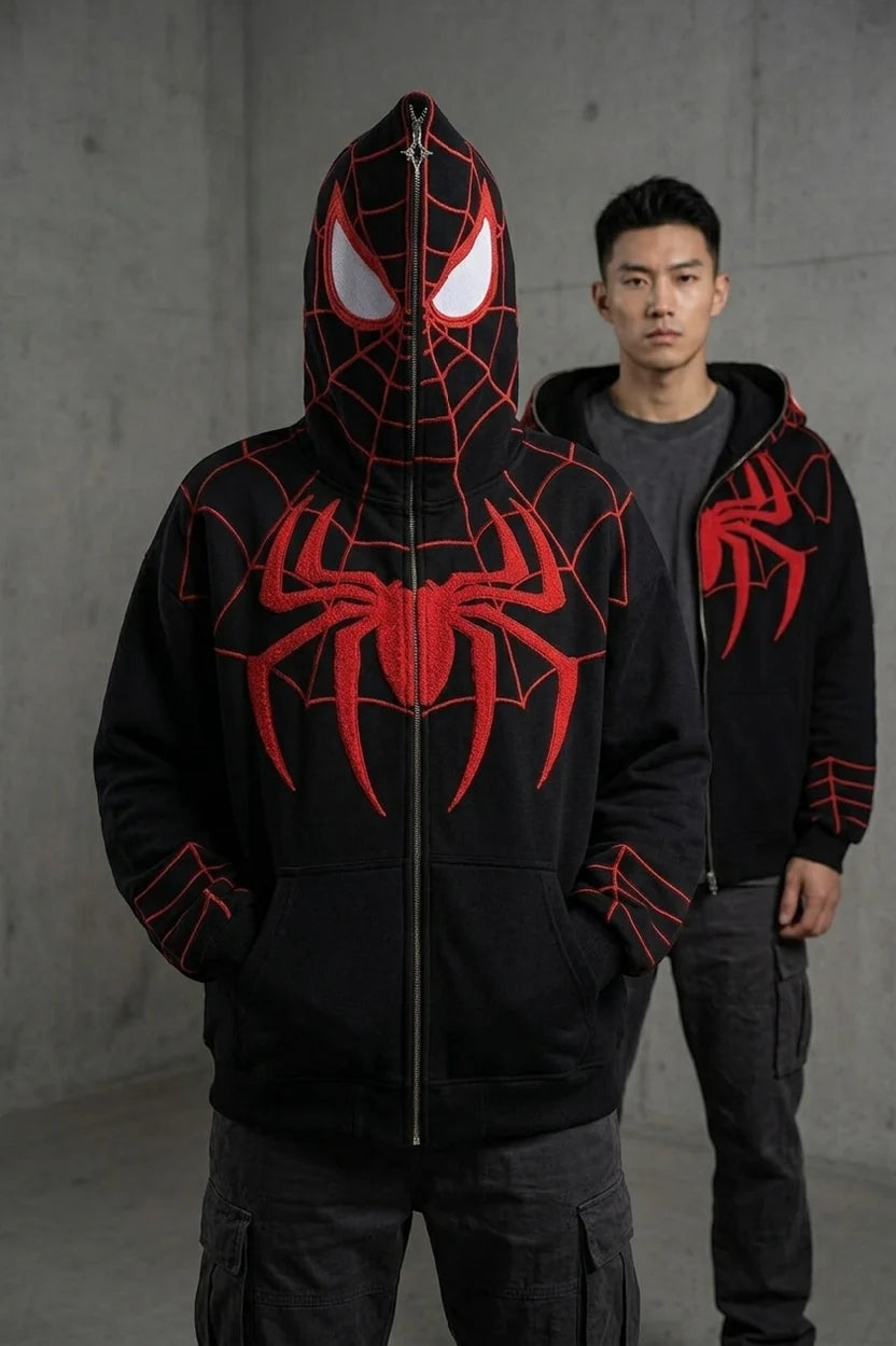 Black Spiderman embroidered hoodie shown zipped as full face mask hood and unzipped, oversized unisex fit LZRUS India