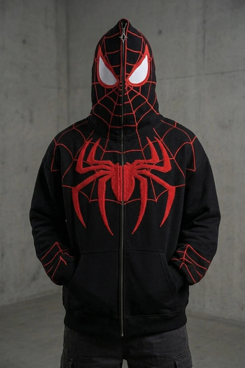 Black Spiderman full face zip up hoodie with embroidered mask hood and white chenille eyes, oversized unisex LZRUS