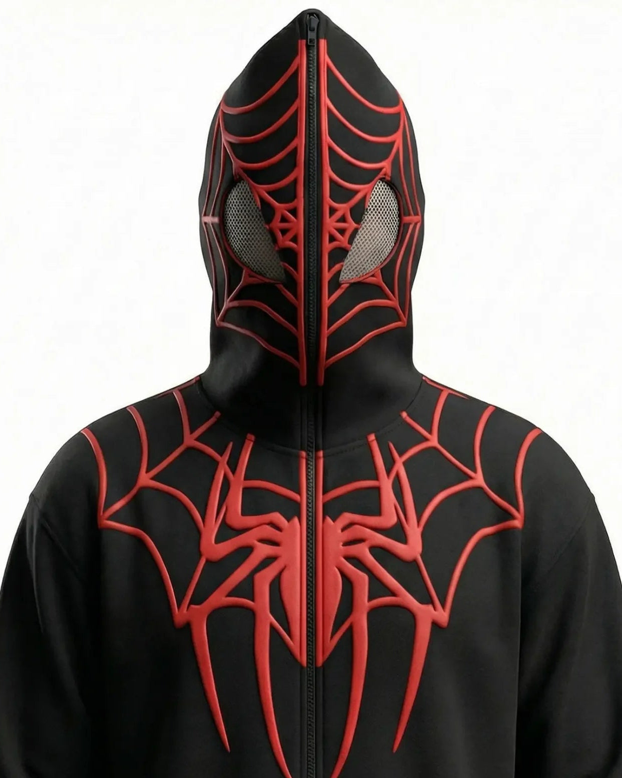 LZRUS Black Spiderman Hoodie – front flat lay showing 3D puff print spider emblem full zip up streetwear India
