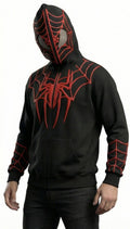 Black spiderman hoodie puff print close-up – raised 3D spider emblem texture detail LZRUS Marvel streetwear India