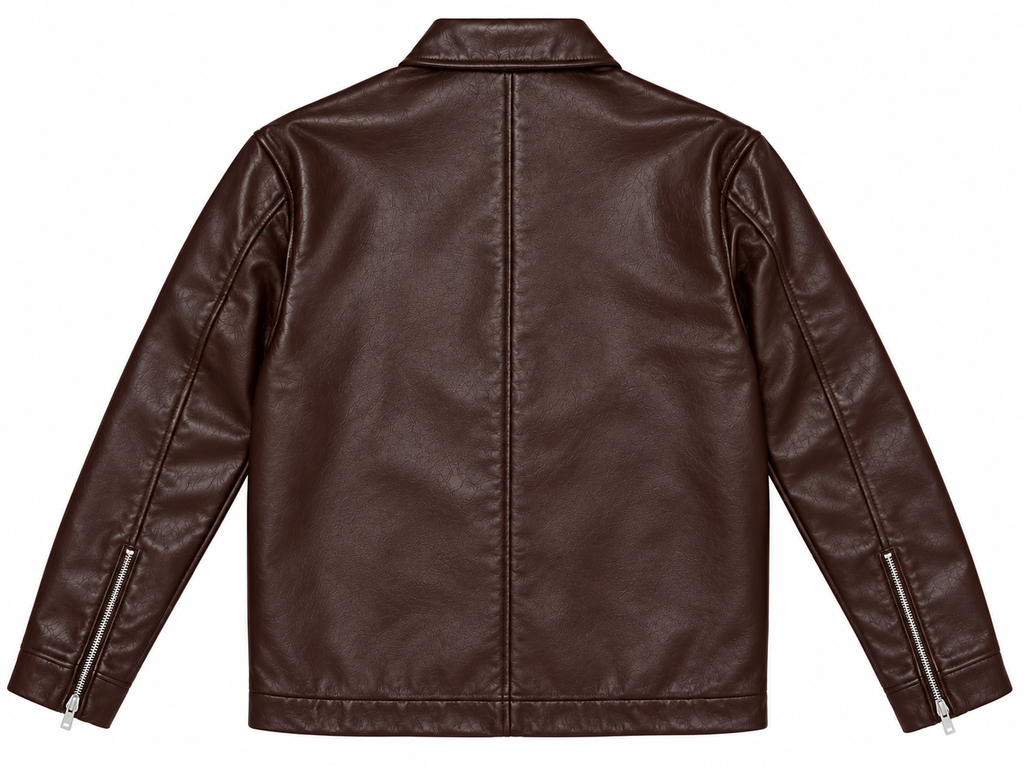 Back view of a brown boxy leather jacket in textured faux leather with a centre back seam and silver zipped cuffs