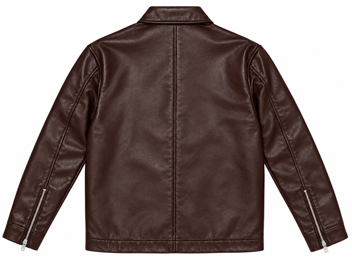 Back view of a brown boxy leather jacket in textured faux leather with a centre back seam and silver zipped cuffs