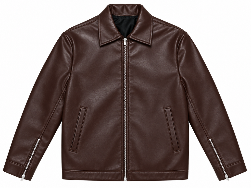 Brown boxy leather jacket in faux leather with a shirt collar, silver front zip, slant pockets and zipped cuffs