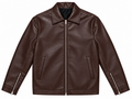 Brown boxy leather jacket in faux leather with a shirt collar, silver front zip, slant pockets and zipped cuffs