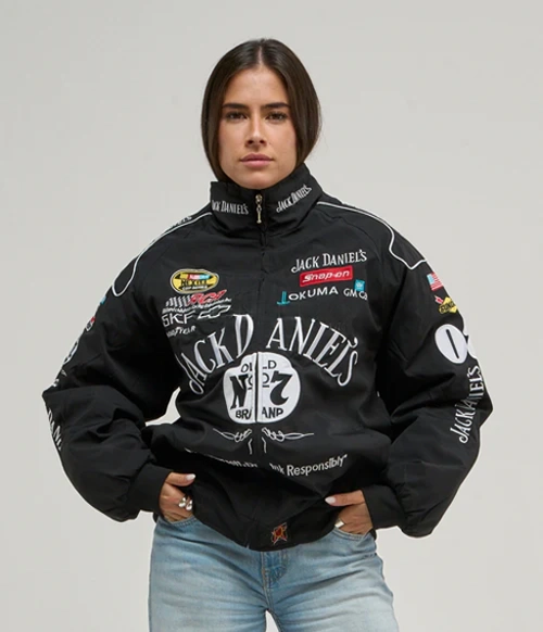 Buy Jack Daniels embroidered jacket online India – LZRUS model wearing vintage racing bomber front view full body look