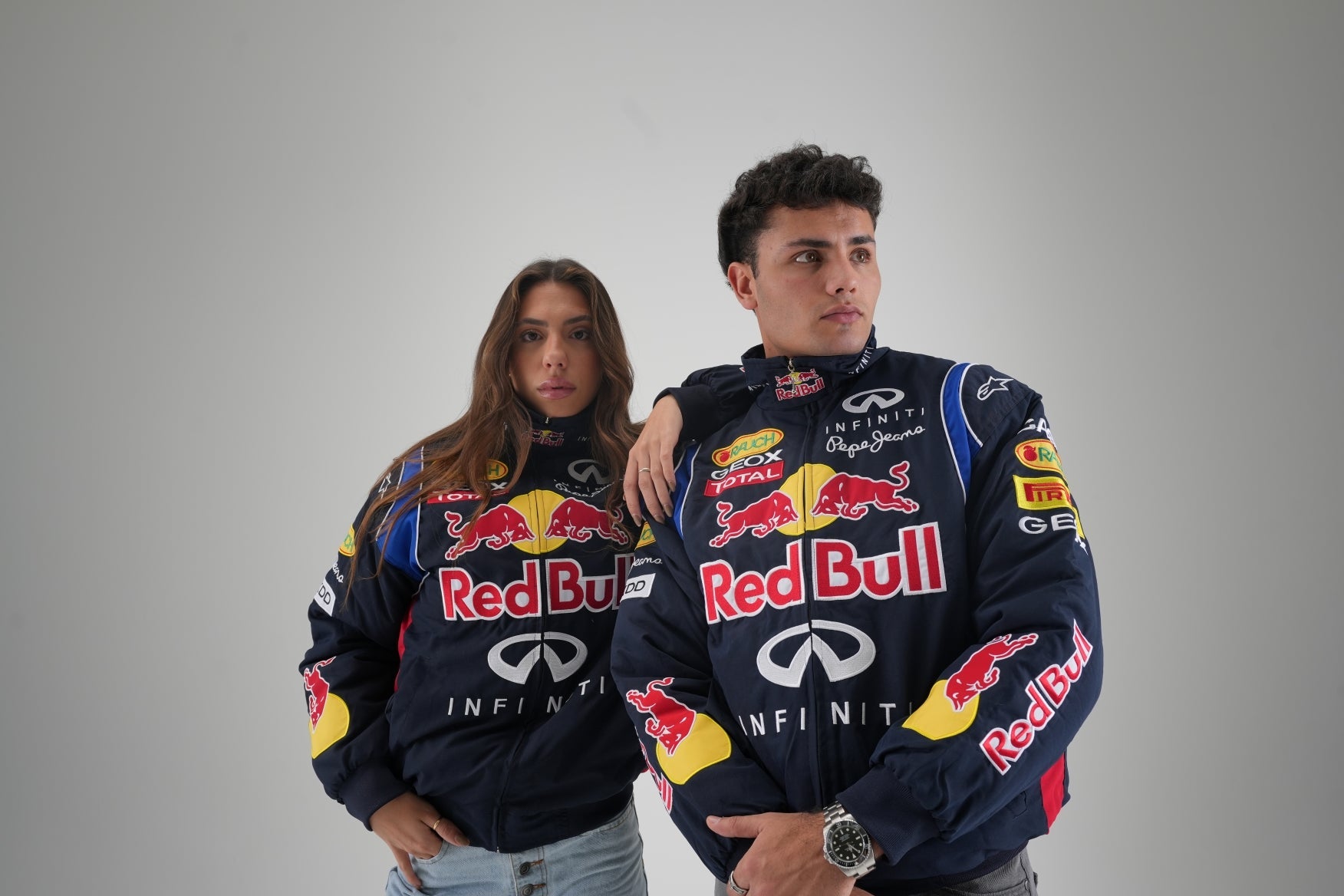 embroidered Red Bull jacket Front view India – rear embroidery logo detail on parachute fabric, premium F1 racing streetwear jacket