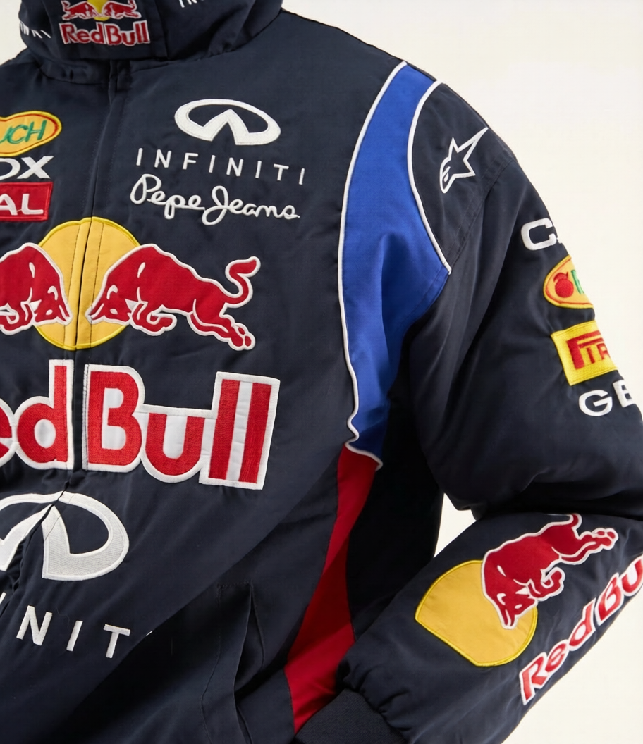 Model wearing LZRUS embroidered Red Bull racing jacket men India – front styled outfit, F1 motorsport streetwear look, parachute fabric oversized fit