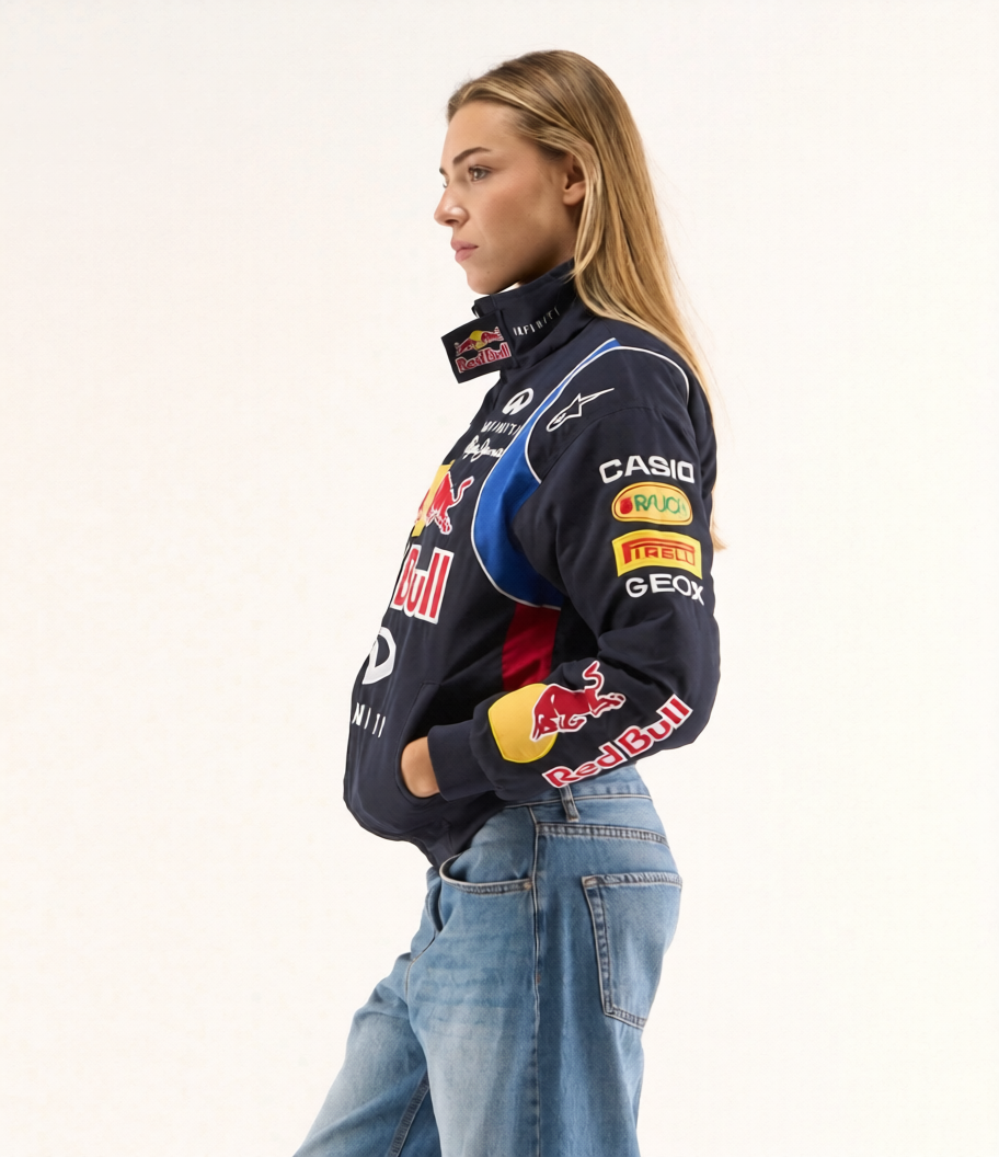 LZRUS embroidered Red Bull racing jacket women India – unisex F1 streetwear styled outfit, oversized embroidered parachute bomber jacket look