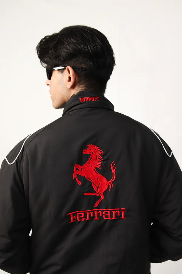 Embroidered black Ferrari jacket back embroidery India – bomber silhouette motorsport unisex | LZRUS