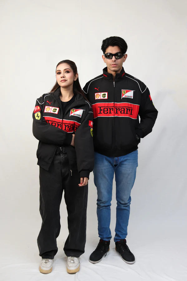 Embroidered black Ferrari jacket zipper detail India – premium fabric quality close-up | LZRUS