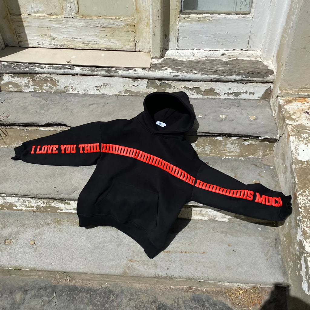 Outdoor I Love You This Much Hoodie by LZRUS – oversized black hoodie with red love print, front view