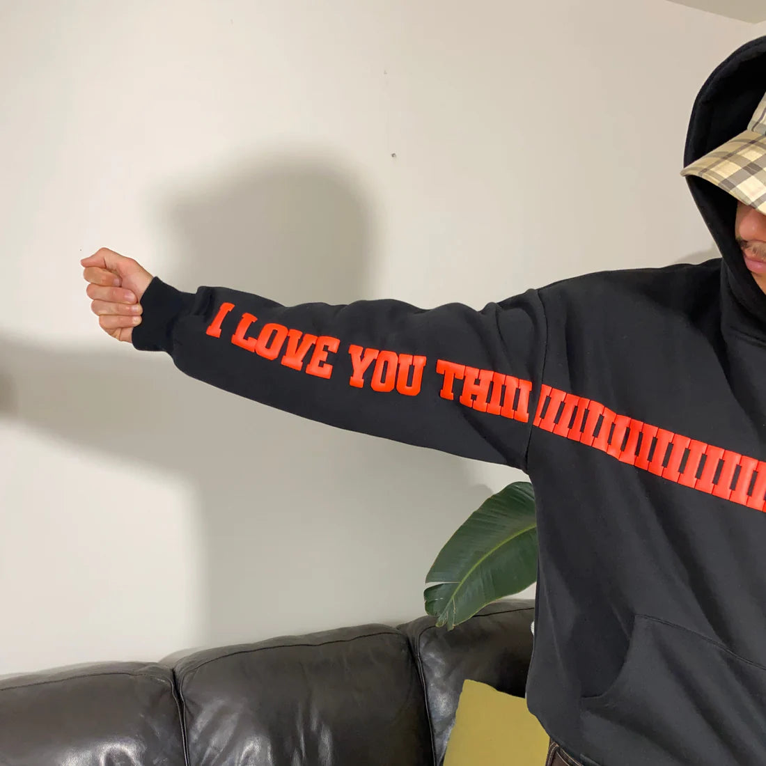 Close-up of I Love You This Much bold red graphic print on black premium cotton blend hoodie – LZRUS India