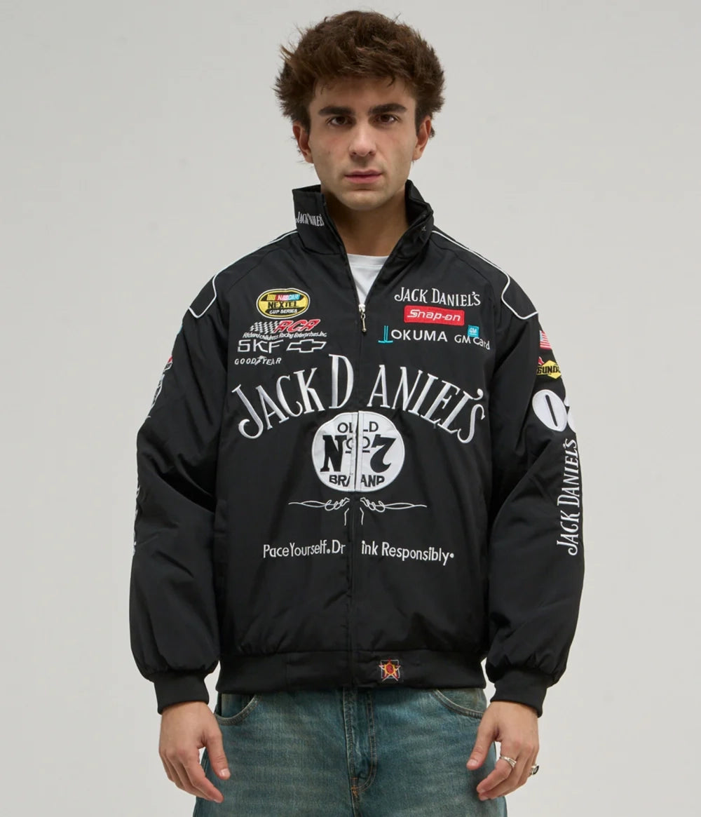 LZRUS Jack Daniels Embroidered Jacket – black men's bomber flat lay with Old No. 7 embroidery front view India