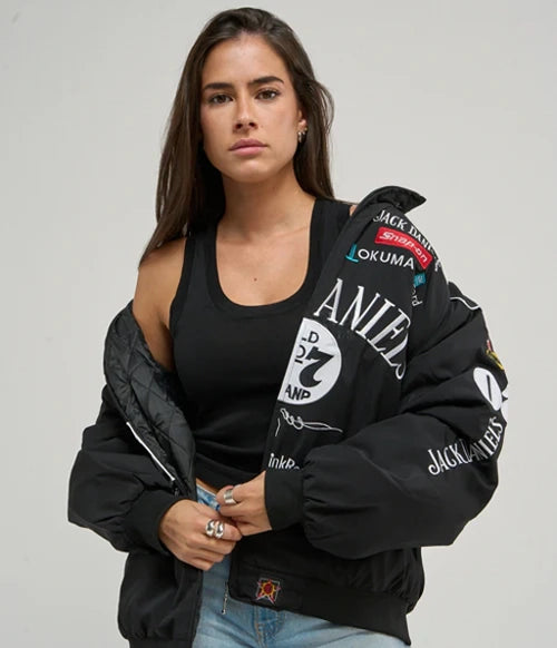Jack Daniels embroidered jacket women India – LZRUS vintage bomber casual outfit styling best jack daniels jacket India
