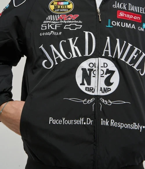 Jack Daniels F1 jacket India – chest logo close-up premium thread embroidery Old No. 7 badge on black bomber jacket LZRUS