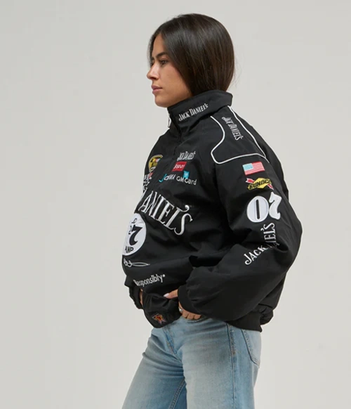 Jack Daniels jacket online India – sleeve embroidery detail Old No. 7 script lettering on premium racing bomber LZRUS