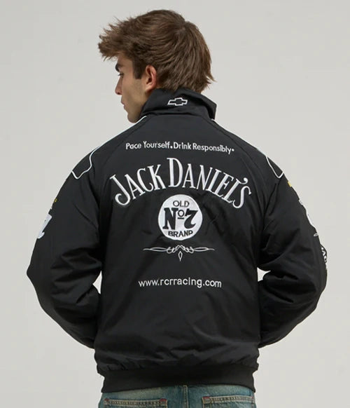 Jack Daniels racing jacket India back view – full Old No. 7 embroidery panel and NASCAR sponsor patches LZRUS