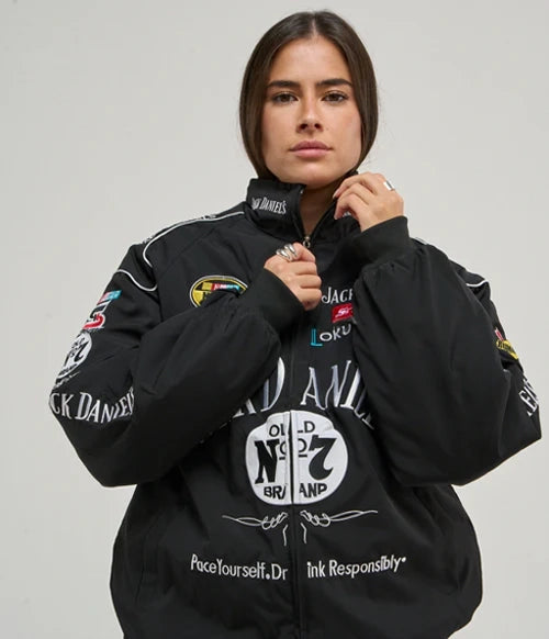 Jack Daniels unisex racing jacket India streetwear – LZRUS full outfit look vintage motorsport bomber jacket styled